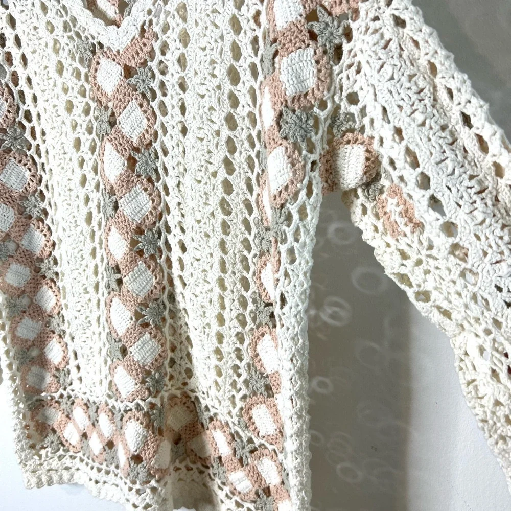 Shenanigans Crochet Top Sweater 3/4 Sleeves Boho Ramie Cotton SZ M EUC